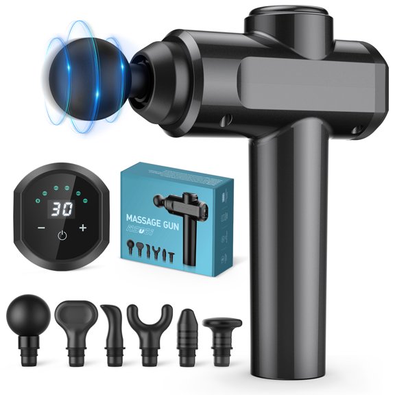 WELTEAYO Massage Gun with 30 Speeds, LCD Touch Screen, 6 Heads for Body Massage