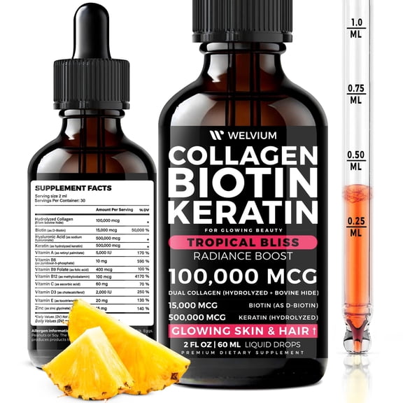WELVIUM Liquid Biotin and Collagen Peptide Complex with Keratin, Hyaluronic Acid, MCT Oil, Zinc, Vitamins B6, B7, B12, A, C, D3, E - Hair, Skin, and Stronger Nails Supplement for Women and Men