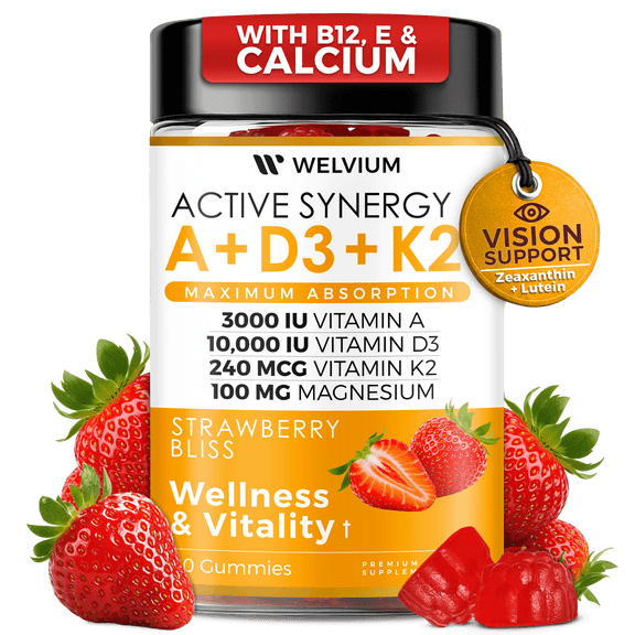 WELVIUM Vitamin D3 K2 Gummies 10000 IU with Magnesium Glycinate, Calcium, B12, K2 MK-7, Vitamins A, E, Lutein, Zeaxanthin - ADK Chewable Supplement for Eye, Immune Support - D3K2 Gummies