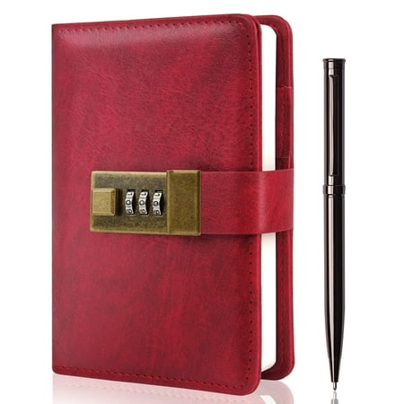 WEMATE A6 Journal with Lock, Vintage PU Leather, Diary with Lock, Password Notebook, 4.3*6.3 inch, Red