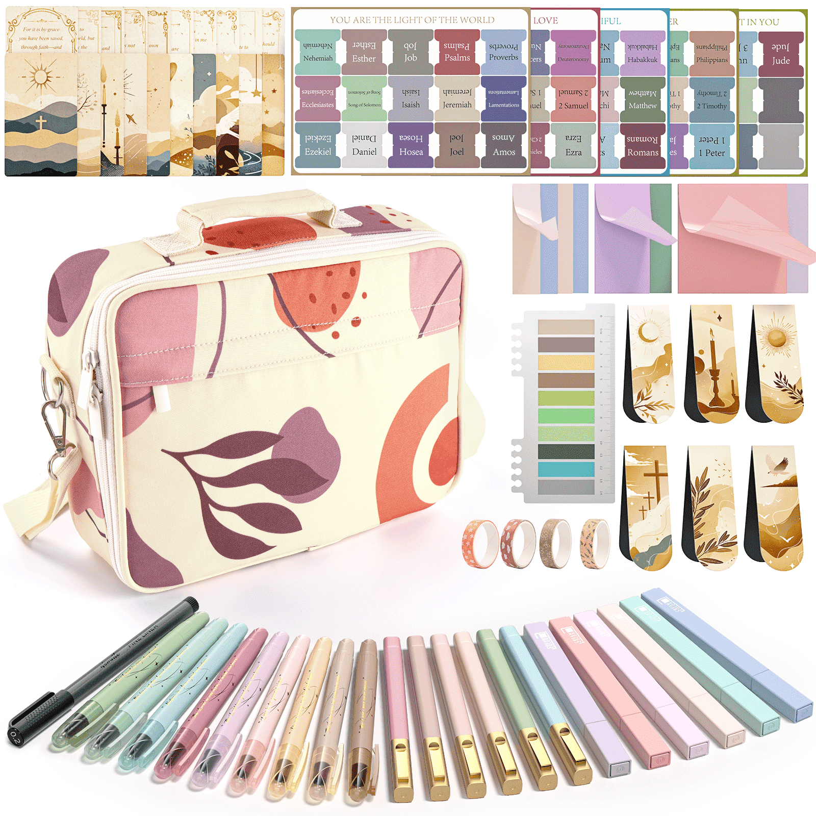 WEMATE 76 PCS Bible Study Supplies with Bible Case, 15 No-Bleed Highlighters, Ballpoint Pens, Washi Tapes, Sticky Notes, Prayer Cards, Annotation Kit for Women College Essentials Christian Gifts
