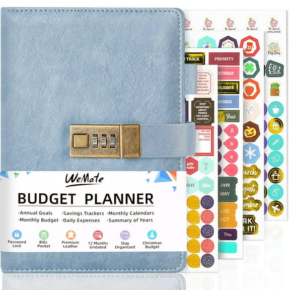 WEMATE Budget Planner - Monthly Budget Book with Lock, Undated Expense Tracker Notebook/Bill Organizer to Manage Your Money, Financial Planner & Accounts Book, Start Anytime, A5, Light Blue