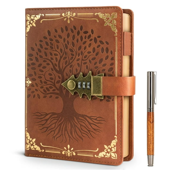 WEMATE Diary, Password Protected A5 PU Leather Notebook Brown