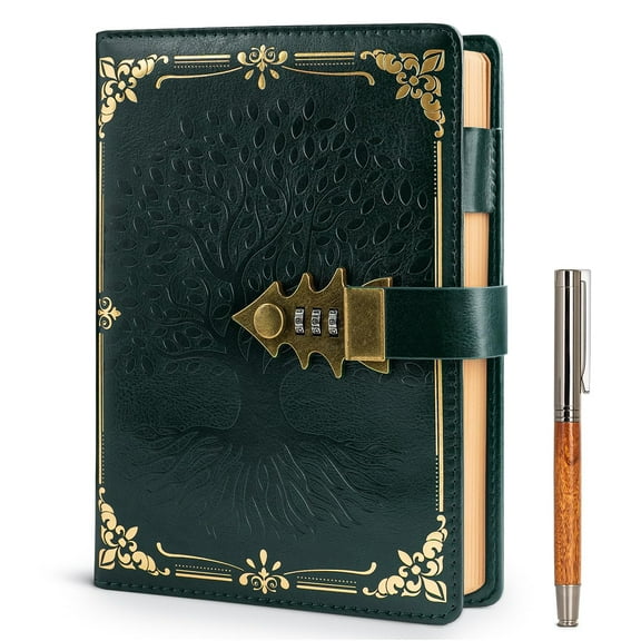 WEMATE Diary, Password Protected Notebook, A5 PU Leather Green