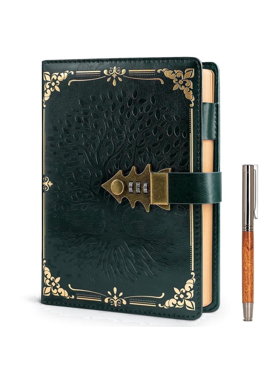 Diary, Password Protected Notebook for Writing, Vintage Locking Journal for Women, Men, A5 PU Leather Green