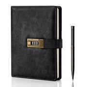 WEMATE Diary with Lock, A5 PU Leather, 240 Pages, Password Protected Notebook, Pen & Gift Box, Lock Diary,Black