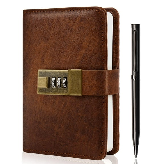 WEMATE Journal with Lock, Diary with Lock, Password Notebook, Pen & Gift Box, 4.3*6.3inch,Brown