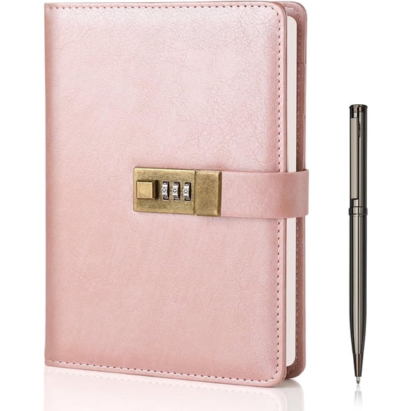 WEMATE Journal with Lock, Password Journal Kit, A5 PU Leather Journal with Gift Box, Lock Diary Planner Organizer (Rose Gold)