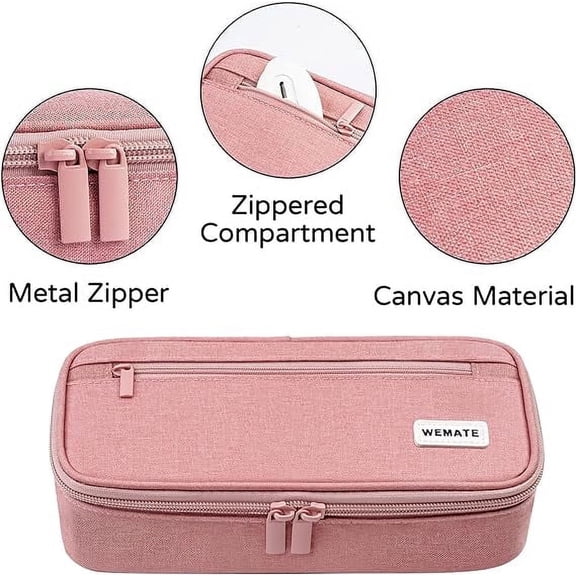 WEMATE Large Canvas Pencil Cases with Zipper with 5 Compartments, Pencil Bag for Student,Pink