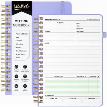 WEMATE Simplified Meeting Notebook for Work with Action Items 200 Pages, B5 (10" × 7") - Light Purple