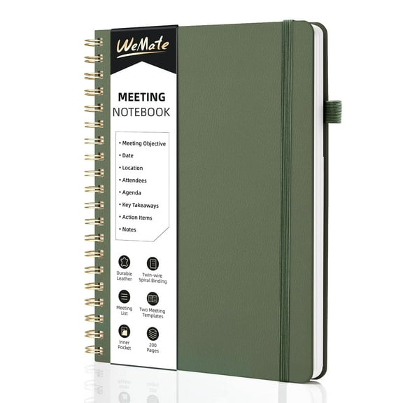 WEMATE Simplified Meeting Notebook for Work with Action Items 200 Pages, Office Supplies for Project Planner, B5 (10" × 7") - Olive Green