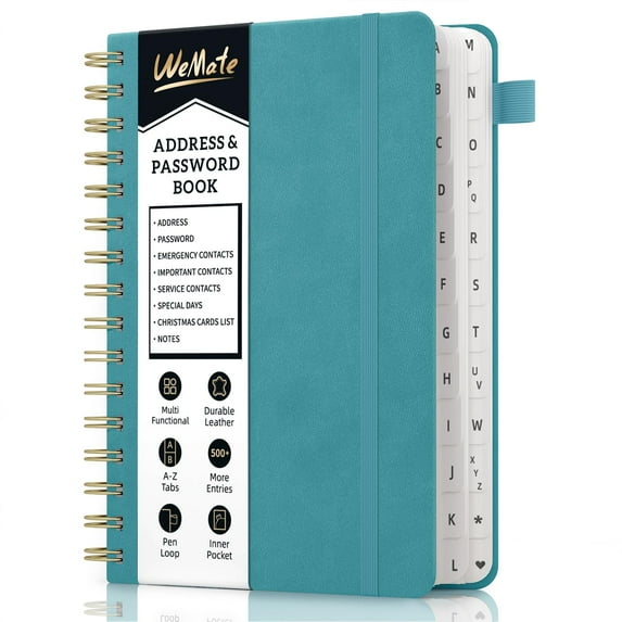 WEMATE Spiral Address Book with Alphabetical Tabs, Password Book, Address Organizer, for Seniors Home Office, Green