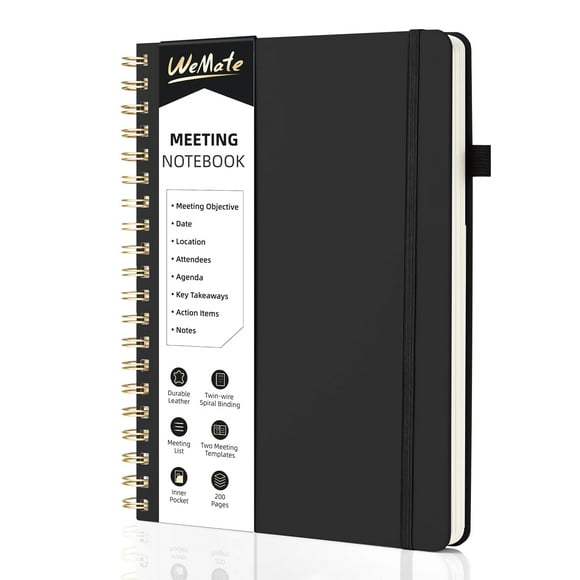 WEMATE Spiral Notebook, Black Notebook, PU Leather Hardcover Notebook, 200 Pages, B5 (10" × 7")