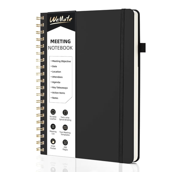 WEMATE Wide Rule Spiral Notebook, Black Notebook, PU Leather Hardcover Notebook, 200 Pages, B5 (10" × 7")