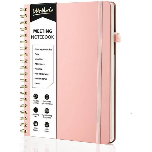 WEMATE Spiral Notebook, Pink Notebook, PU Leather Hardcover Notebook,B5 (10" × 7")