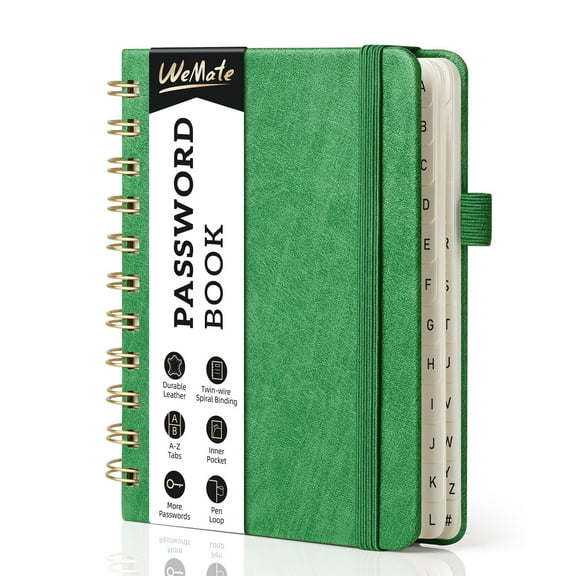 WEMATE Spiral Password Book with Alphabetical Tabs, Small Password Keeper Book for Seniors, Notebook Hardcover Password Journal Logbook – 4.7''x 6'' (Grass Green)
