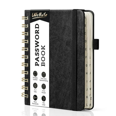 WEMATE Spiral Password Book with Alphabetical Tabs, Small Password Keeper Book ,Internet Password Notebook – 4.7''x 6'' (Black)