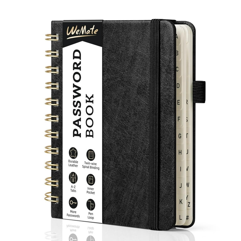 WEMATE Spiral Password Book with Alphabetical Tabs, Elastic