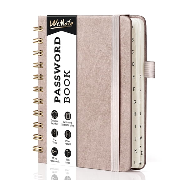 WEMATE Spiral Password Book with Alphabetical Tabs, Small Password Keeper Book for Seniors – 4.7''x 6'' (Dusty Rose)