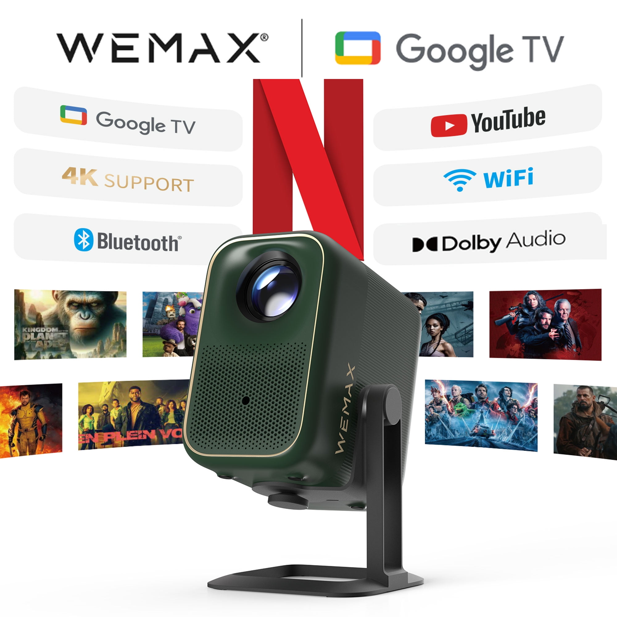 WEMAX Smart Projector with WiFi and Bluetooth, Google TV, Licensed Netflix, HDR10 & Dolby Audio, Full HD1080P 4K Support Outside Movie Proyector