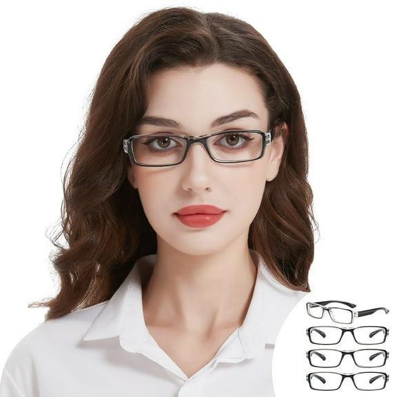 WEMOOTANTS 4 Packs Black Reading Glasses 3.0 for Women Narrow Rectangle Readers with Spring Hinges