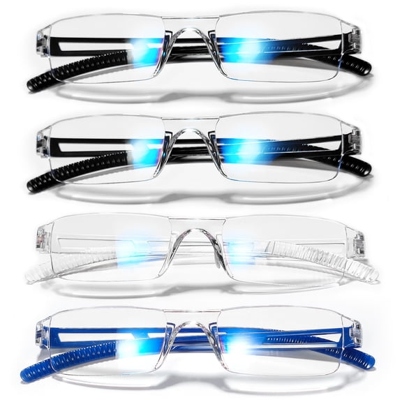 WEMOOTANTS 4 Pairs Frameless Reading Glasses Women Men Narrow Blue Light Blocking Readers 1.5 (2*Black+Blue+Clear)