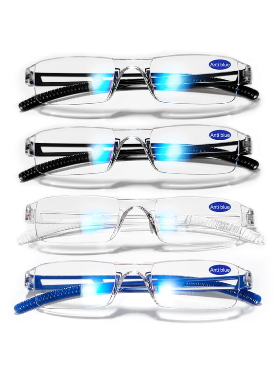 4 Pairs Frameless Reading Glasses Women Men Narrow Blue Light Blocking Readers 1.5 (2*Black+Blue+Clear)