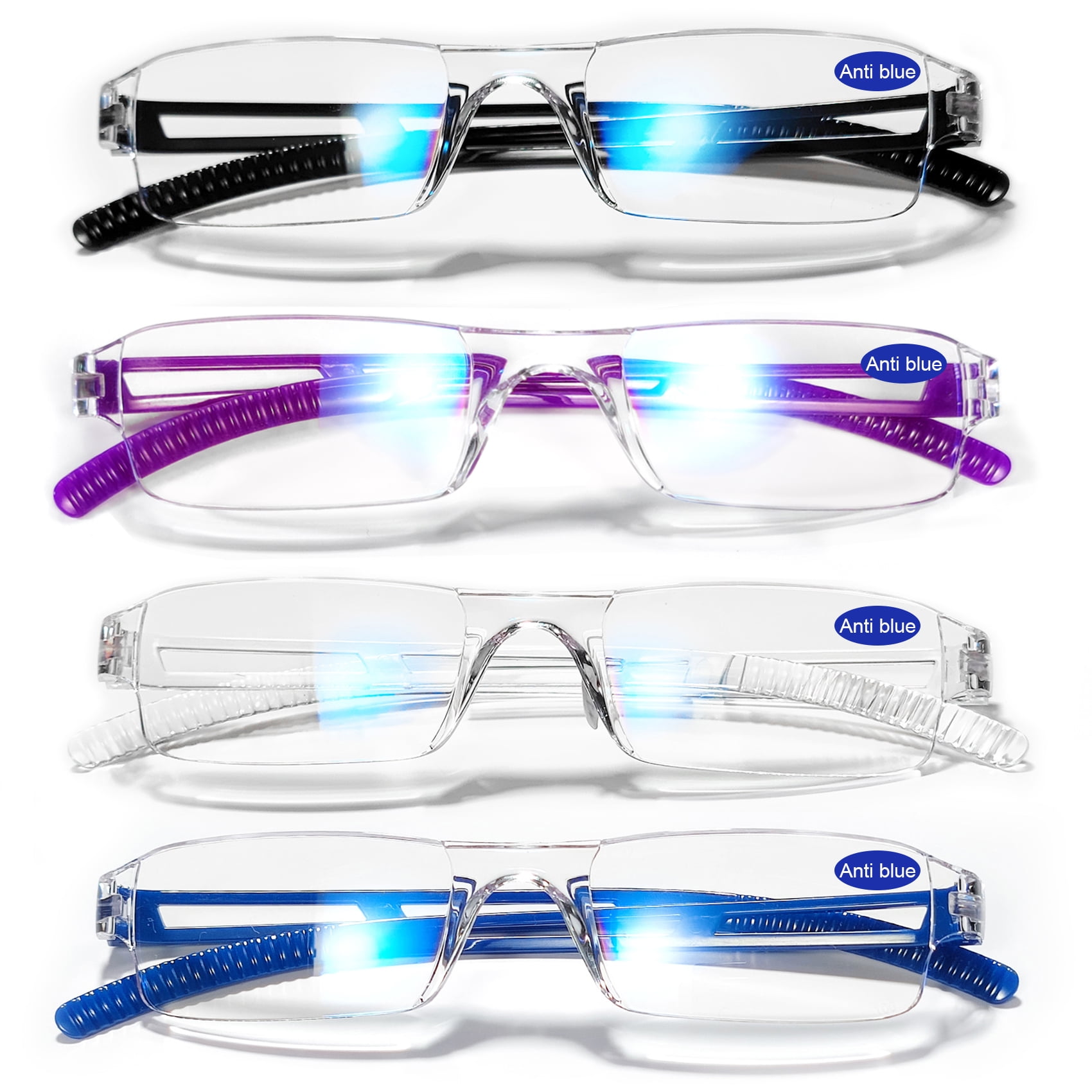 WEMOOTANTS 4 Pairs Frameless Reading Glasses Women Men Rectangle Blue Light Blocking Readers 2.0 (Black+Blue+Clear+Purple)