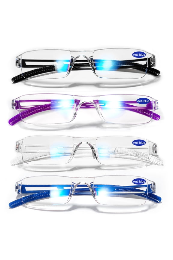 4 Pairs Frameless Reading Glasses Women Men Rectangle Blue Light Blocking Readers 2.0 (Black+Blue+Clear+Purple)