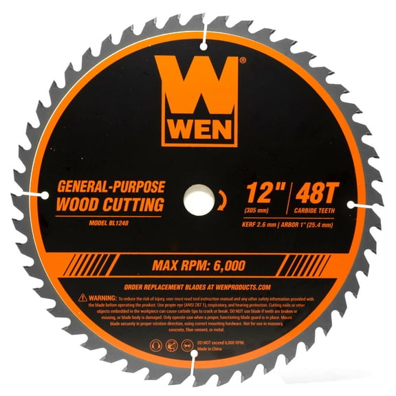WEN 12-Inch 48-Tooth Carbide-Tipped Professional Woodworking Saw Blade for Miter Saws and Table Saws, BL1248