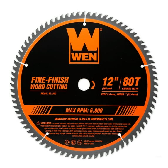 WEN 12-Inch 80-Tooth Fine-Finish Professional Woodworking Saw Blade for Miter Saws and Table Saws, BL1280