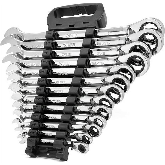 WEN 13-Piece Professional-Grade Reversible Ratcheting SAE Combination Wrench Set with Storage Rack