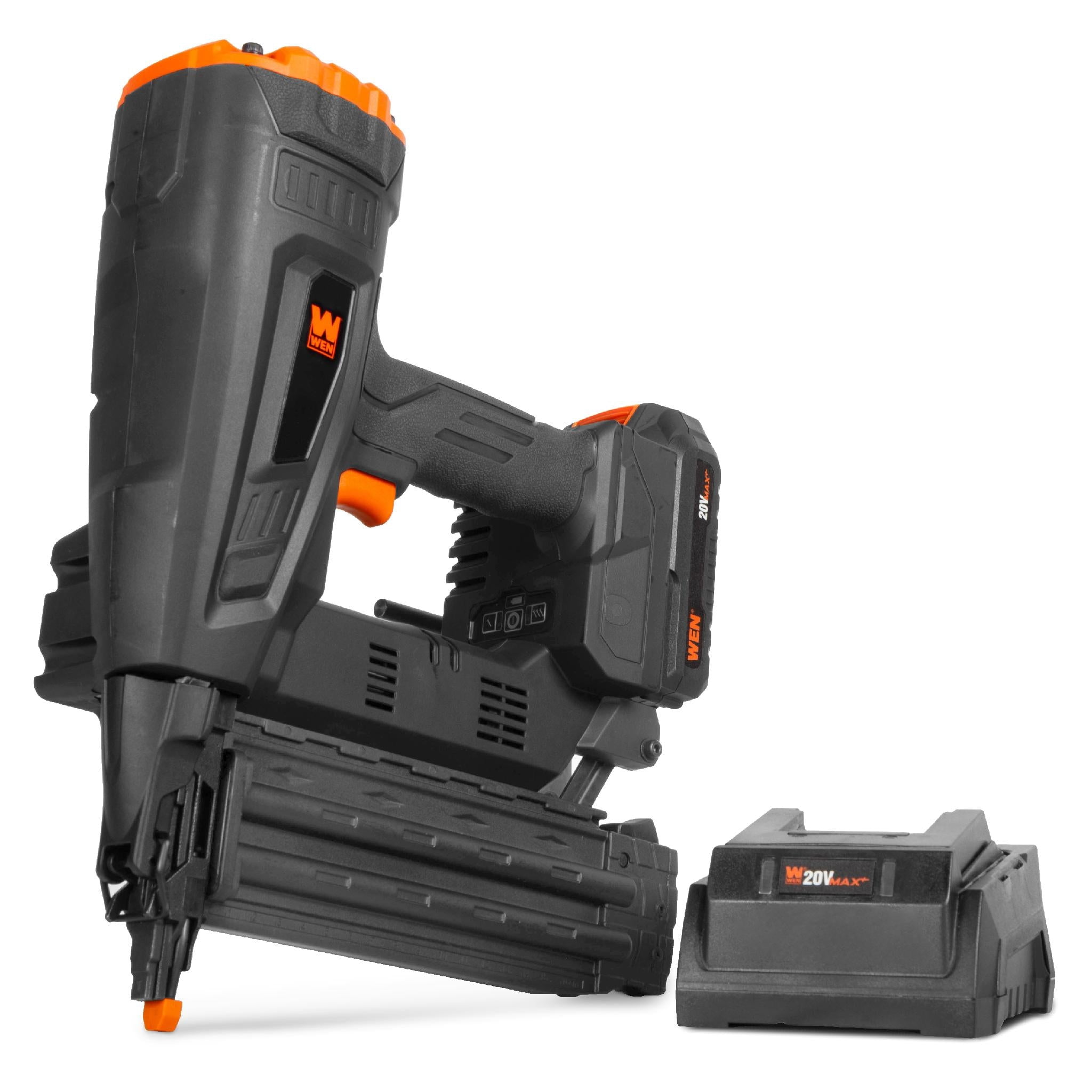 WEN 20V Max Cordless Brushless 18-Gauge Brad Nailer with 2.0Ah Battery and Charger (20518)