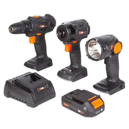 WEN 20V Max Cordless Drill, Brushless Compact Impact Driver, and LED Torch Flashlight Combo Kit w/ 2Ah Battery and Charger (20VK3DDL)