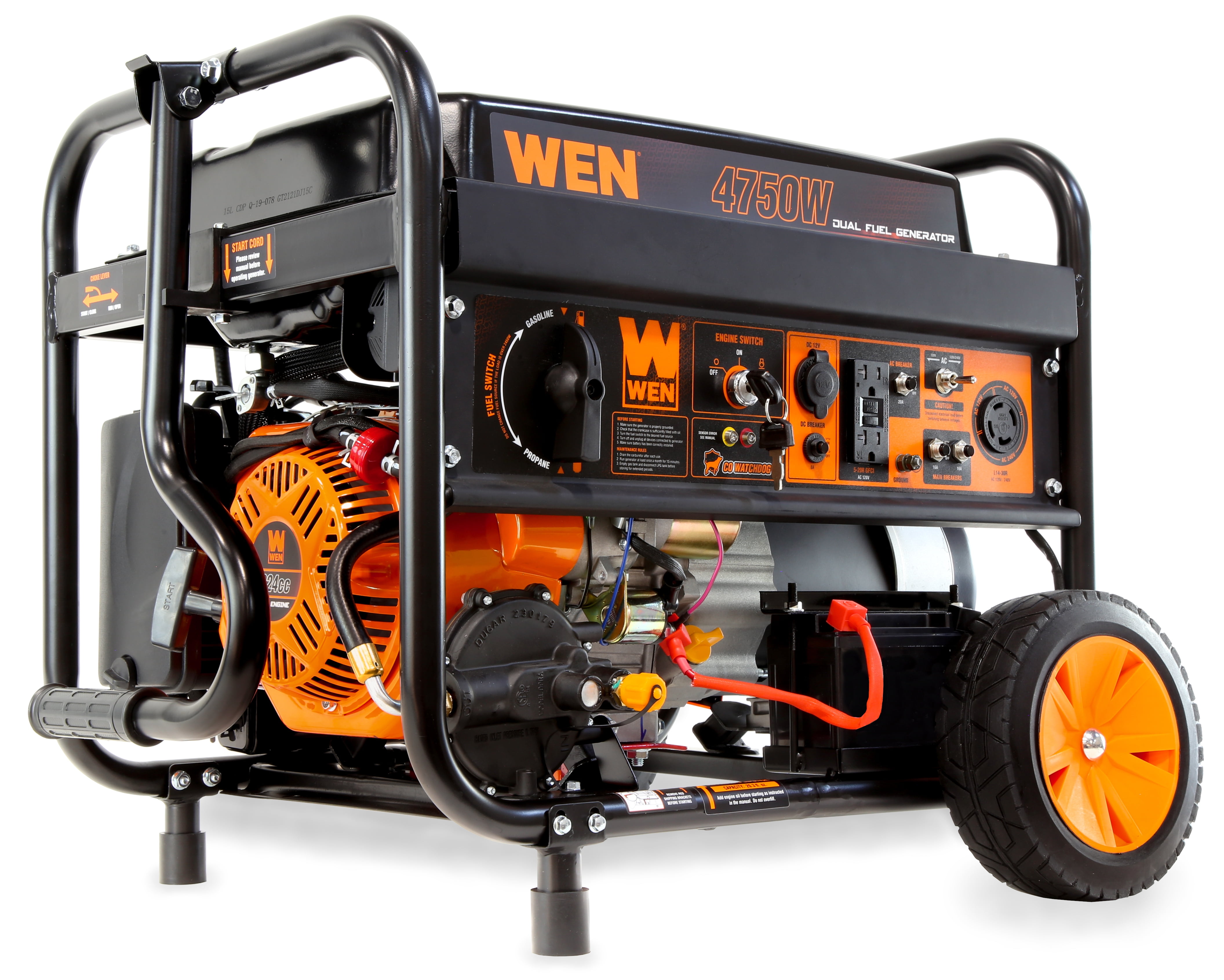 WEN 4,750-Watt 120V/240V Dual Fuel Portable Generator with Wheel Kit, Electric Start, and CO Watchdog (DF475X)