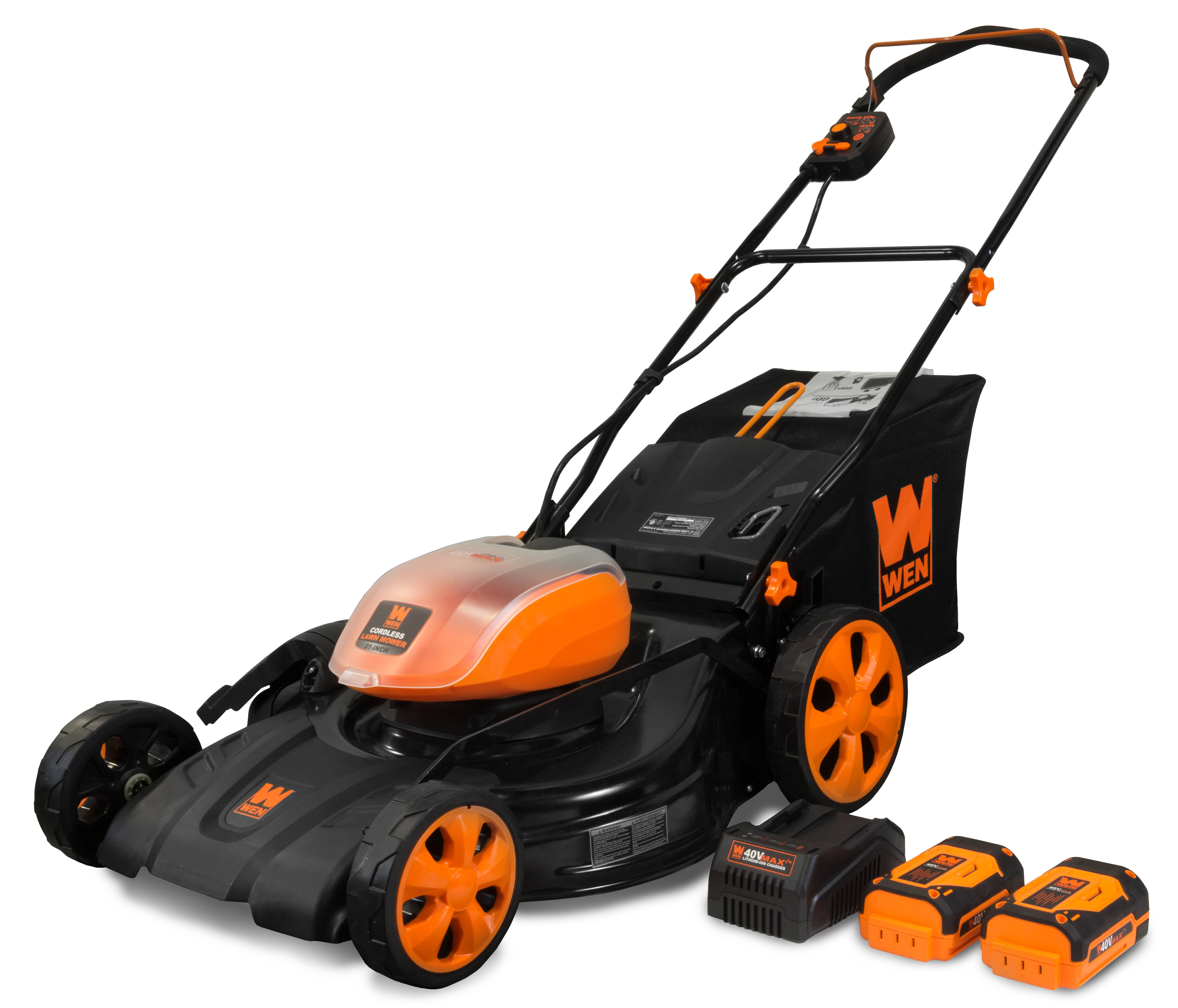 WEN 40V Max Lithium Ion 21-Inch Cordless 3-in-1 Lawn Mower with Two Batteries, 16-Gallon Bag and Charger - image 1 of 8