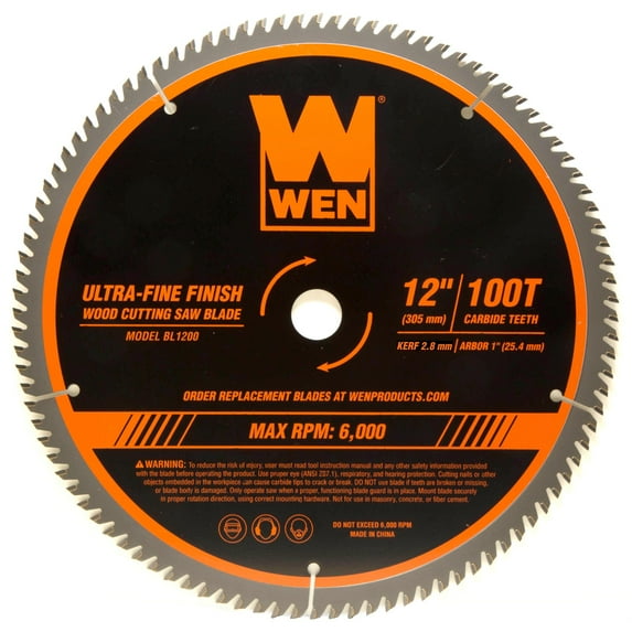 WEN Products 12-Inch 100-Tooth Carbide-Tipped Ultra-Fine Finish Professional Woodworking Saw Blade for Miter Saws and Table Saws