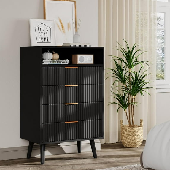 WENTMENT 4 Drawer Dresser for Bedroom with LED Light, Modern Black Dressers with Open Storage Cubby & Golden Handles, Wood Dresser Storage Chest Cabinet for Living Room, Bedroom, Entryway, Black
