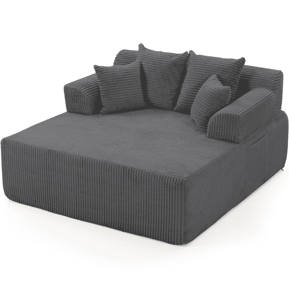 WENTUM 58" Chaise Lounge Chair Indoor, Oversized Corduroy Boneless Sleeper Sofa Bed with Armrests & 4 Pillows No Assembly for Living Room Gray