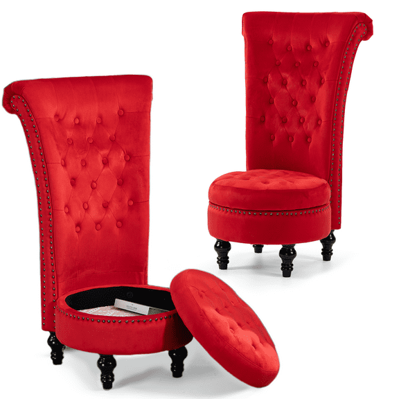 WENTUM High Back Throne Royal Chair Set of 2,Velvet Armless Accent with Storage, Nailhead Trim, Solid Rubberwood Legs for Living Room Bedroom, Red