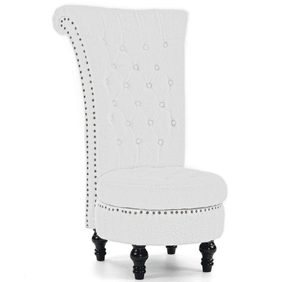 WENTUM High Back Throne Royal Chair, Teddy Fabric Armless Accent with Storage, Nailhead Trim, Solid Rubberwood Legs for Living Room Bedroom,White