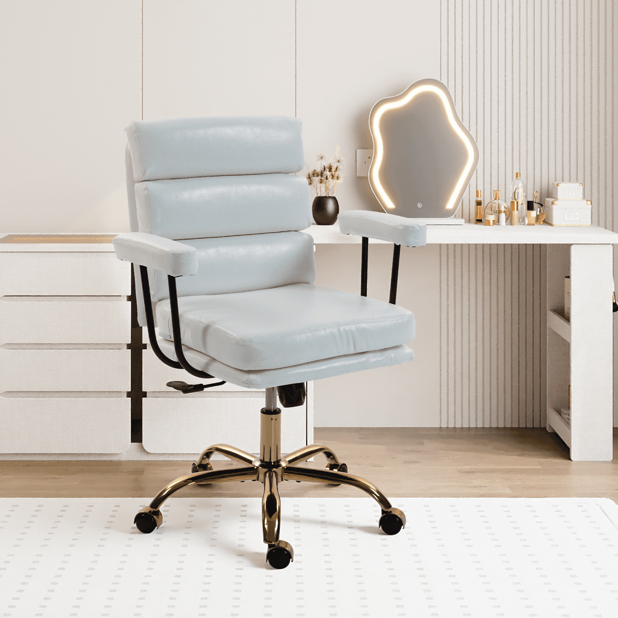 WENTUM Office Chair,Mid Back Home Office Desk Task Chair, Ergonomic PU Leather Computer Rolling Swivel Chair with Padded Armrest, White