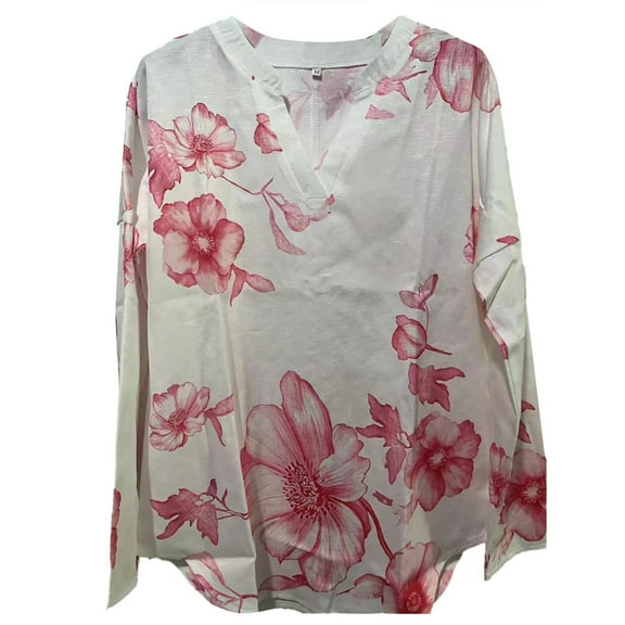 WENWU A Long Sleeved V Neck Shirt with European and Floral Style Prints for Women Long Sleeve Summer Shirts Womens Band T Shirts