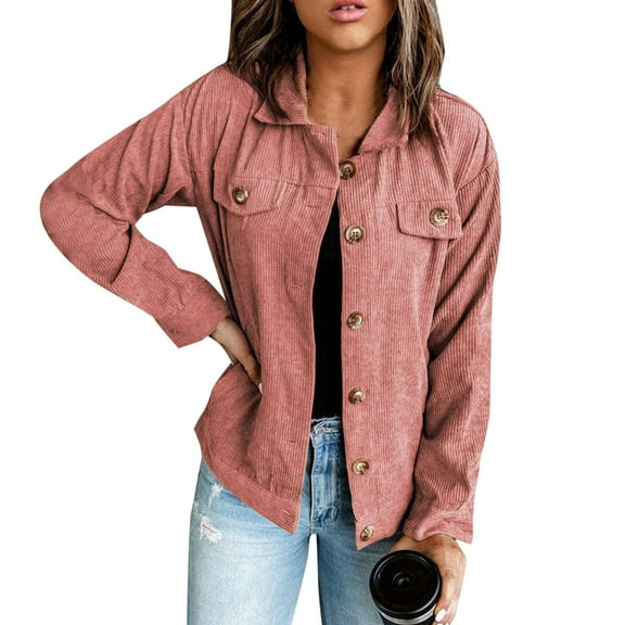 WENWU Fashion Women Corduroy Jacket Turn Down Collar Long Sleeve Pockets Button Up Coat Olive Utility Jacket Trending Coats