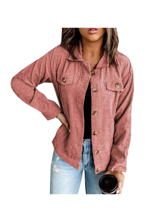 Fashion Women Corduroy Jacket Turn Down Collar Long Sleeve Pockets Button Up Coat Olive Utility Jacket Trending Coats