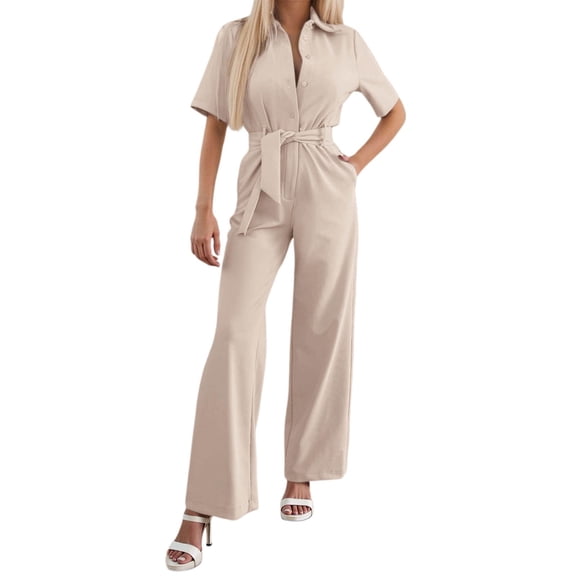 WENWU Jumpsuit Women's Elegant Long Short Sleeve Plain Jumpsuit Festive Summer Casual Playsuit Romper with Belt Jumpsuits for Prom Pocket