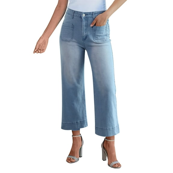 WENWU Ladies' Wide Leg High Waist Loose Fit with Patch Pocket Flared Jeans on Pant Women Mom Jean