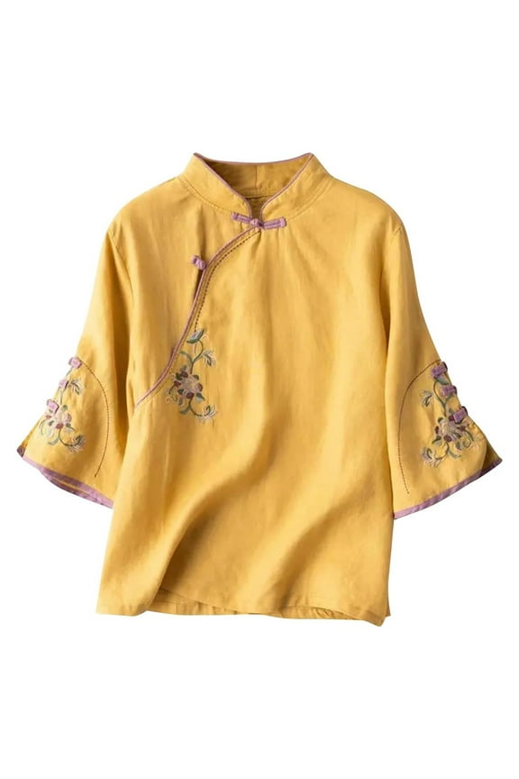 Mandarin Collar Embroidered Linen Loose Fit 3/4 Sleeve Shirt for Spring Summer Plus Size Women's Top Women's Shirts Summer Rayon Long Sleeve Shirt Women