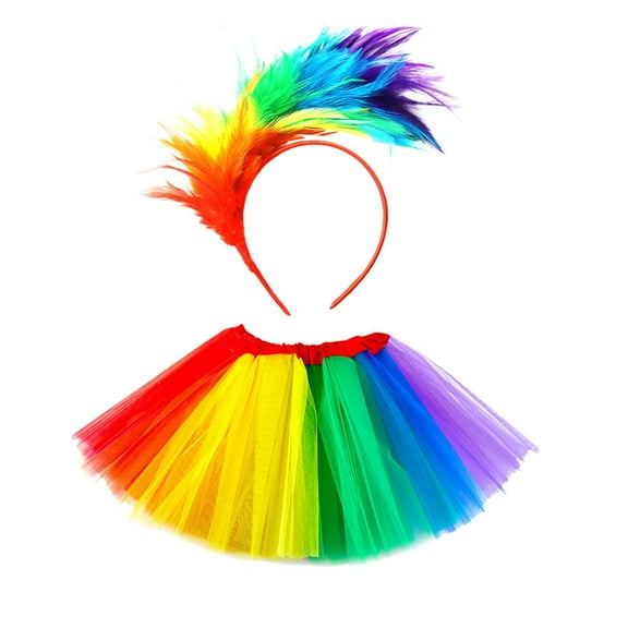 WENWU Rainbow Feather Hairband with Skirt Set for Carnival Party Adult plus Size Denim Skirt Plaid Skirt for Women