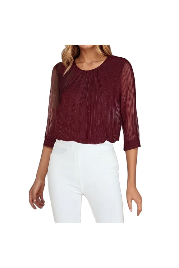 Shiny Loose Fit Mesh Ruched Double Layer Waist Cinching Top Tech T Shirt Long Sleeve Polyester Spandex